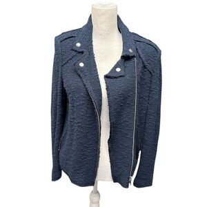 Rebecca Taylor Women's Blue Textured Moto Jacket Fringe Accents Size 12